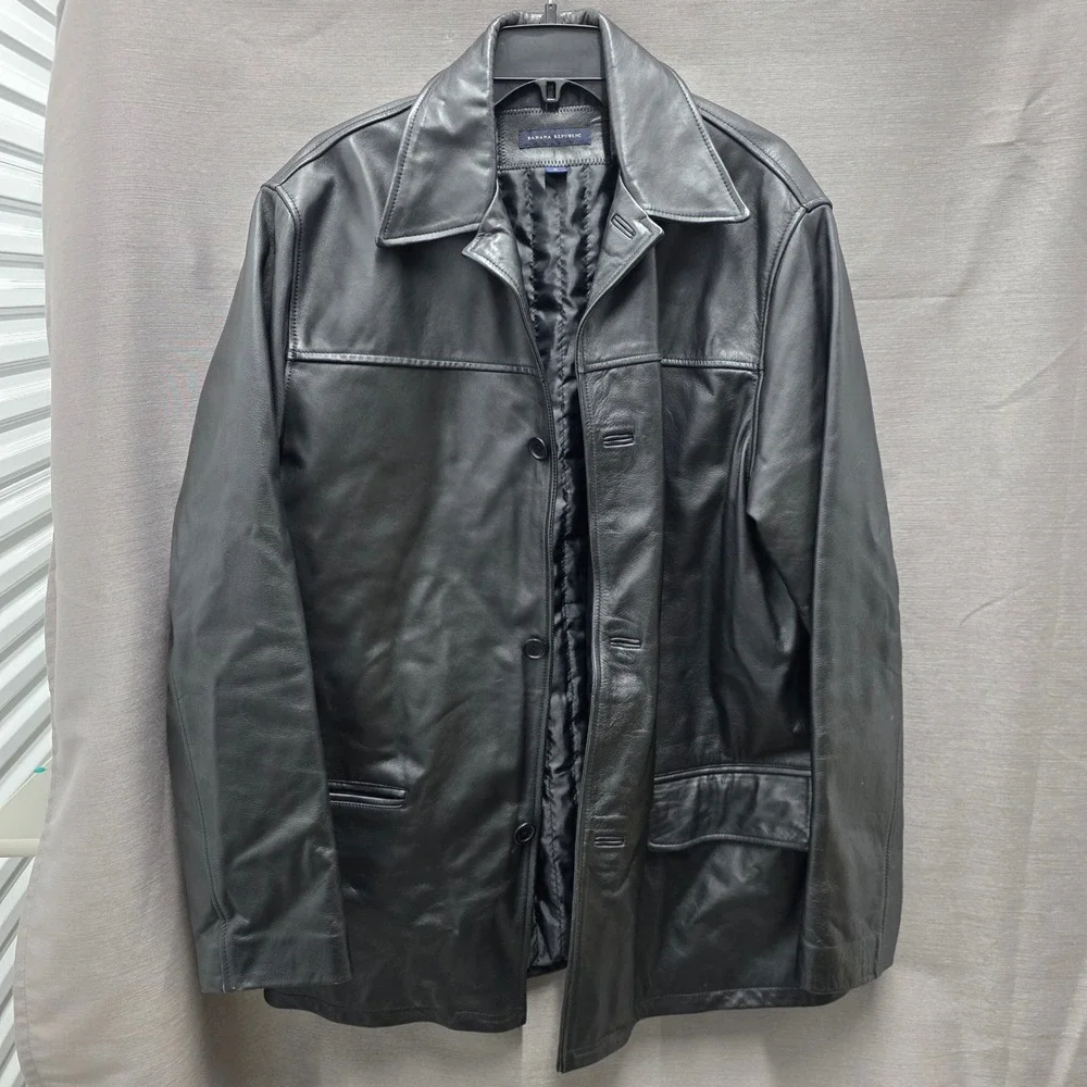Banana Republic Mens Black Leather Car Coat Vintage 2003 Button Front Jacket M